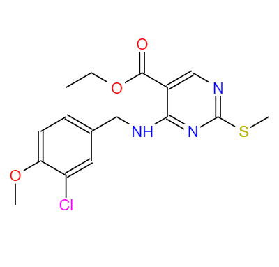 CAS：330785-81-4,中文名稱：2-甲硫基-4-(3-氯-4-甲氧基芐胺基)嘧啶-5-羧酸乙酯 
