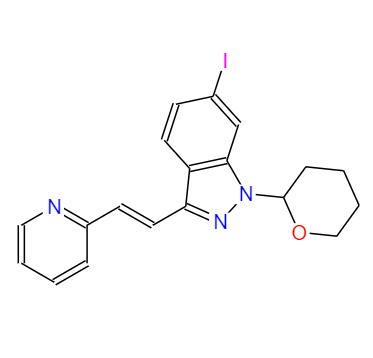 CAS：886230-77-9，中文名稱(chēng)： (E)-6-碘-3-[2-(吡啶-2-基)乙烯基]-1-(四氫-2H-吡喃-2-基)-1H-吲唑