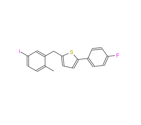 CAS： 898566-17-1,中文名稱： 2-(4-氟苯基)-5-[(5-碘-2-甲基苯基)甲基]噻吩 